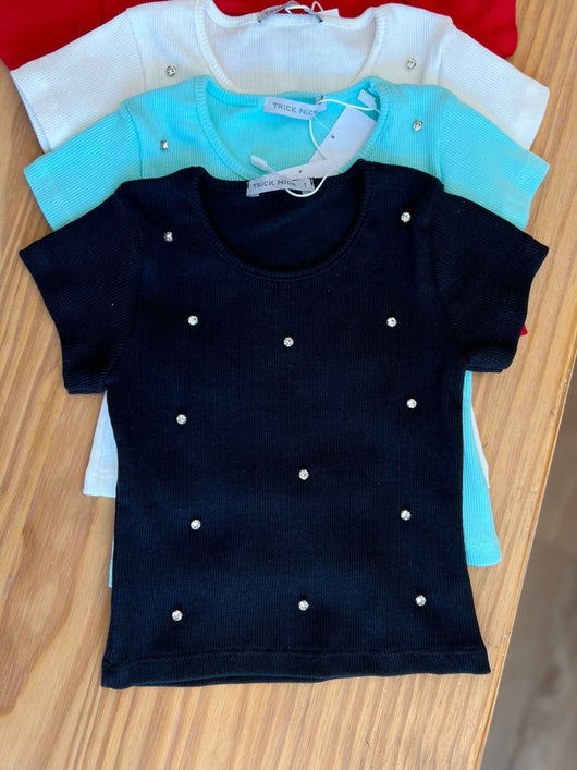 BLUSA MANGA CURTA CANELADA COM STRASS MENINA TRICK NICK