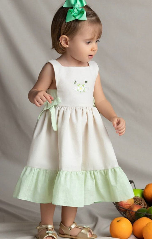VESTIDO REGATA LINHO COM AJUSTE LATERAL LAÇOS ABELHAS BORDADAS MENINA BARBARA KIDS