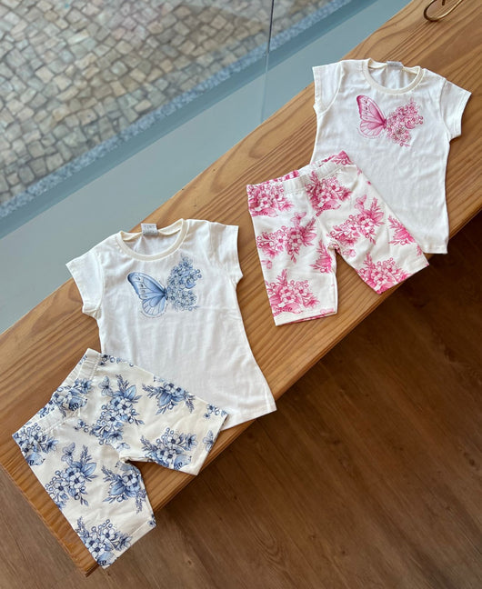 CONJUNTO BLUSA MANGA CURTA BORBOLETA E SHORT FLORAL MENINA PULLA BULLA