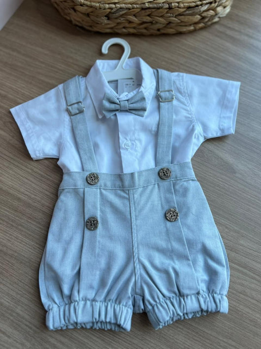 CONJUNTO BODY CAMISA MANGA CURTA BATIZADO SUSPENSORIO GRAVATA BORBOLETA E BERMUDA MENINO POLO INFANTI