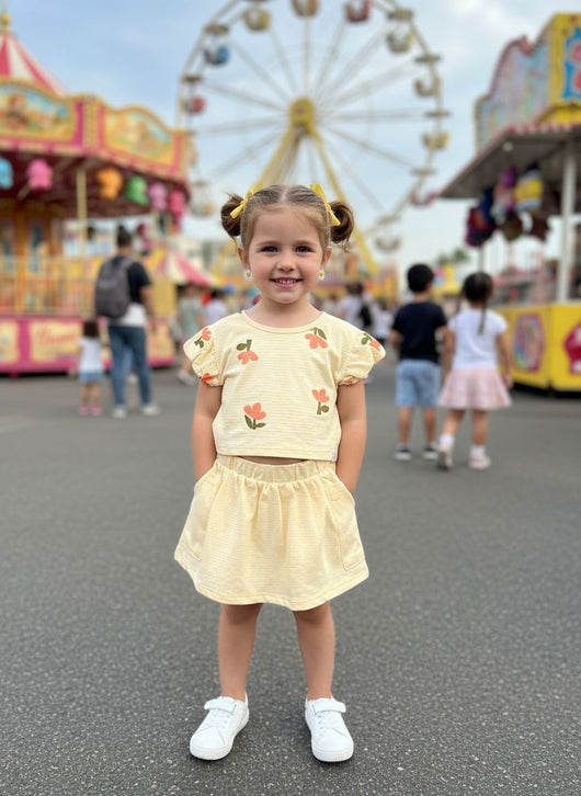 CONJUNTO BLUSA MANGA CURTA FLORES E SAIA MENINA ELIAN