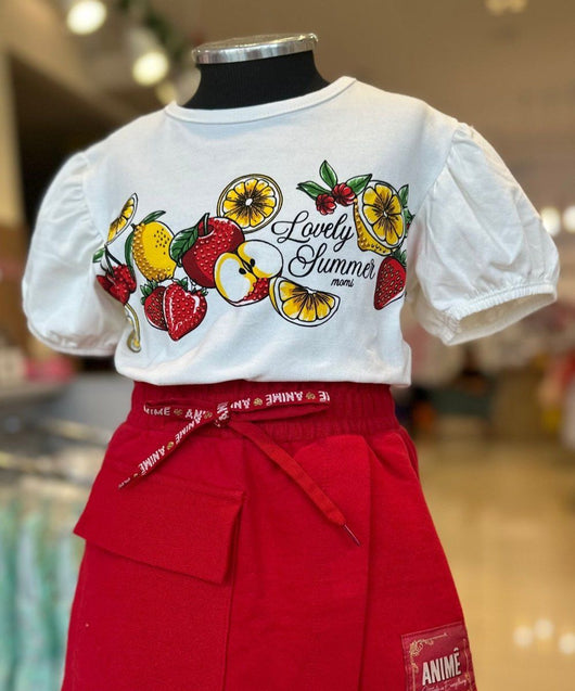 BLUSA MANGA CURTA COM ESTAMPA DE FRUTAS E STRASS LOVELY SUMMER MENINA MOMI