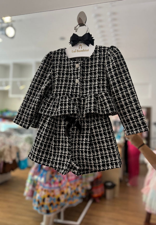 CONJUNTO CASACO MANGA LONGA TWEED BOTÃO STRASS COM SHORT LAÇO MENINA BARBARA KIDS