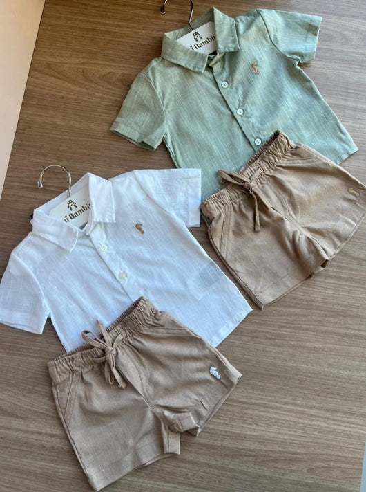 CONJUNTO CAMISA MANGA CURTA LINHO LEVE BOTÕES CAVALO MARINHO MINIMALISTA E BERMUDA MENINO ONDA MARINHA