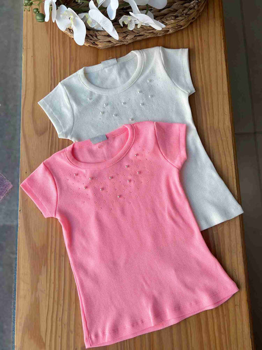 BLUSA MANGA CURTA CANELADA PÉROLAS STRASS MENINA PULLA BULLA