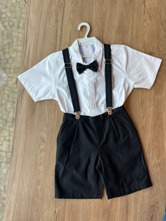 CONJUNTO BATIZADO CAMISA MANGA CURTA GRAVATA SUSPENSÓRIO BERMUDA MENINO POLO INFANTI