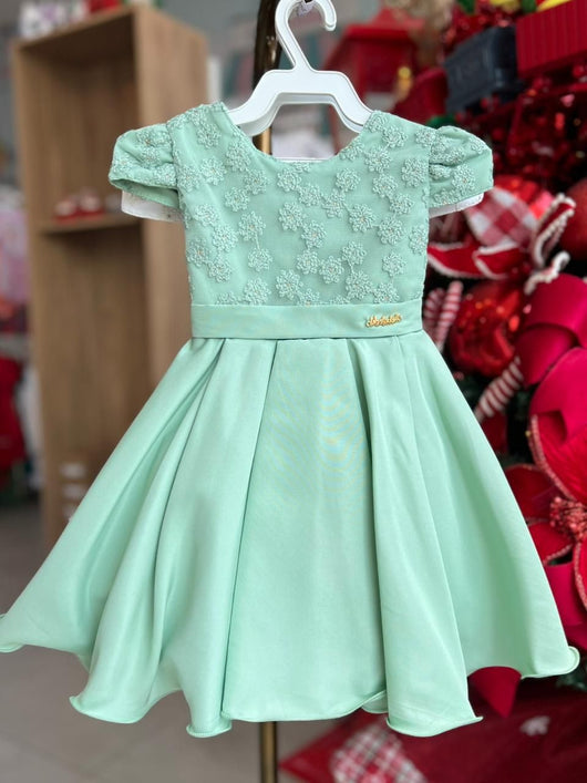 VESTIDO MANGA CURTA BORDADO FLORES RENDA PREGAS MENINA LIBELINHA