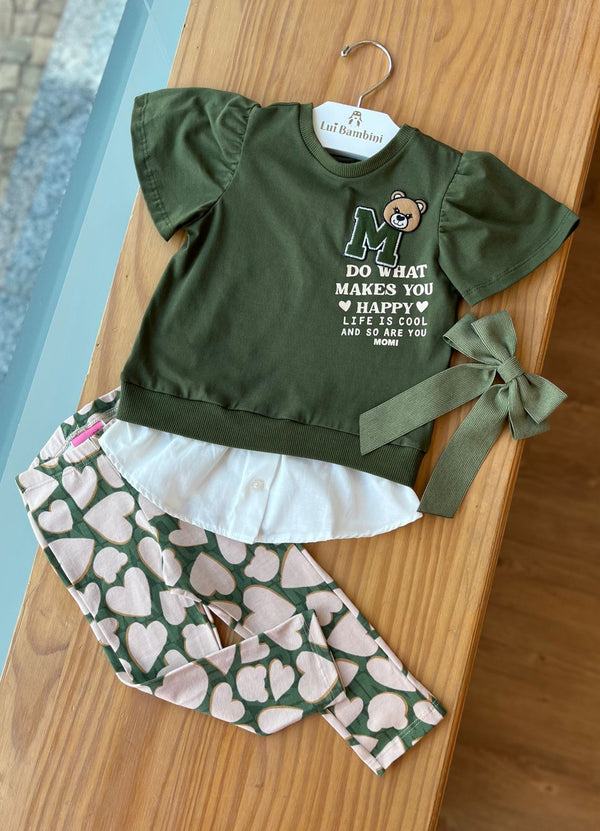 CONJUNTO BLUSA MANGA CURTA COM SOBREPOSIÇÃO URSINHO BORDADO E CALÇA LEGGING CORAÇÕES MENINA MOMI