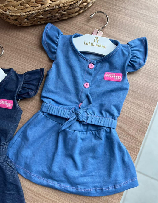 CONJUNTO BLUSA MANGA CURTA BABADO PATCH BOTÕES E SHORT SAIA MENINA HRRADINHOS