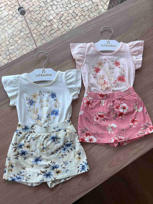CONJUNTO MANGA CURTA JARDIM COELHO E SHORT SAIA MENINA PULLA BULLA