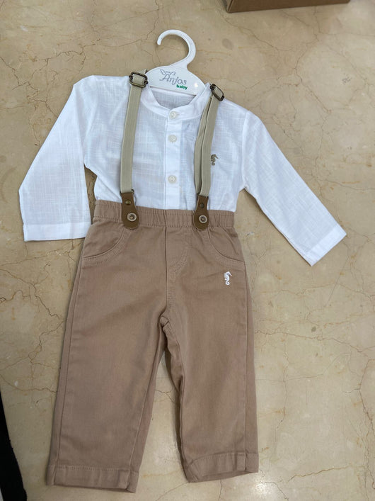 CONJUNTO CAMISA MANGA LONGA GOLA PADRE COM CALÇA E SUSPENSÓRIO LISTRADO MENINO ONDA MARINHA