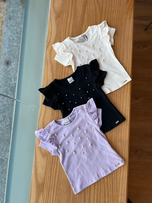 BLUSA MANGA CURTA BABADOS OMBROS COM PÉROLAS MENINA INFANTI