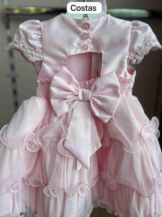 VESTIDO MANGA CURTA BORDADO PÉROLAS CAMADAS TULE LAÇO COSTA MENINA CATTAI