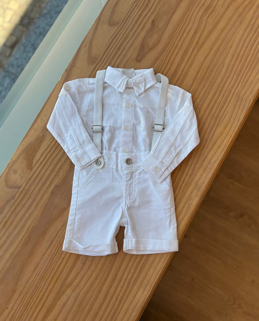 CONJUNTO BATIZADO CAMISA MANGA LONGA COM BEMRUDA SUSPENSÓRIO E GRAVATA OXFORD MENINO ANJOS BABY