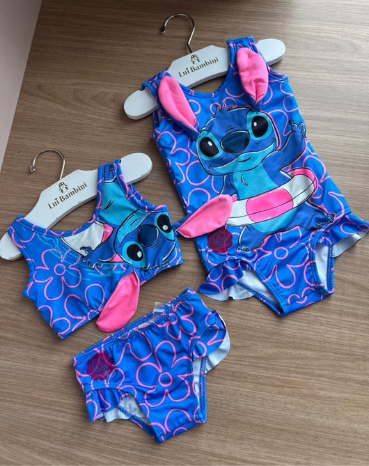 CONJUNTO BIQUINI ALÇA ORELHAS STITCH FLORES MAR E CALCINHA UV50+ MENINA ANIMÊ