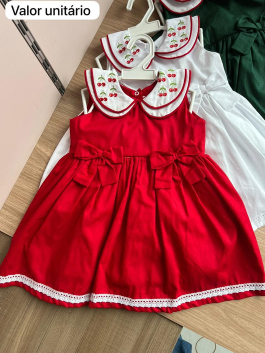 VESTIDO REGATA GOLA BORDADA CEREJAS LAÇO MENINA LUI BAMBINI