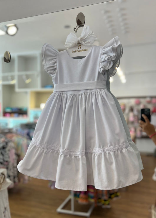 VESTIDO BATIZADO MANGA CURTA DUPLO BABADO COM CINTO E RENDA FLORAL MENINA BARBARA KIDS