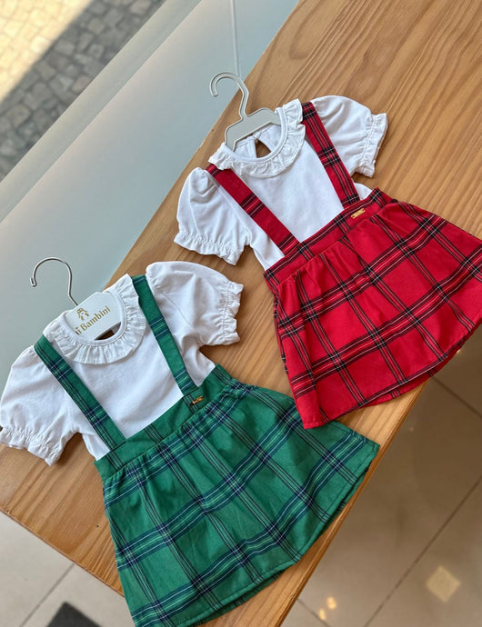 CONJUNTO BODY MANGA CURTA BABADO E SALOPETE XADREZ MENINA GROW UP PRO50