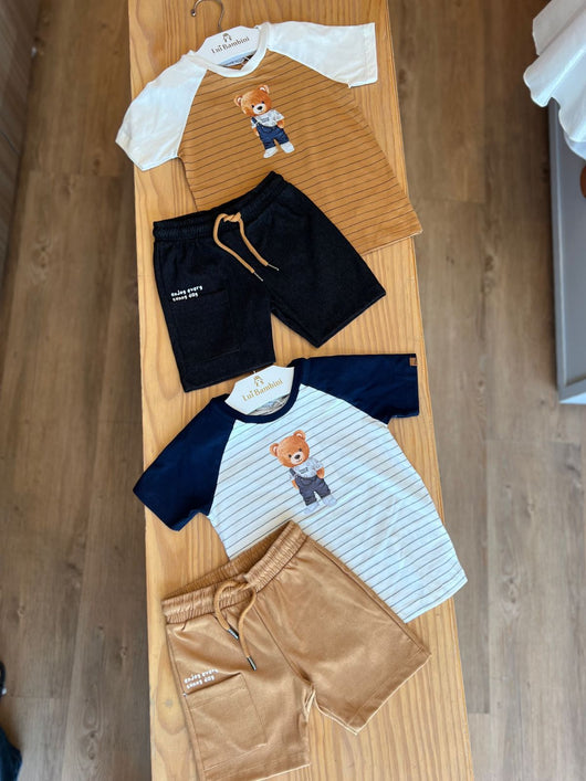 CONJUNTO CAMISETA MANGA CURTA URSINHO LISTRAS E BERMUDA MENINO TRICK NICK