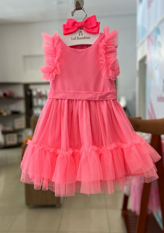 VESTIDO MANGA CURTA EM TULE COM CINTO FIXO E BABADOS MENINA MON SUCRE PRO20