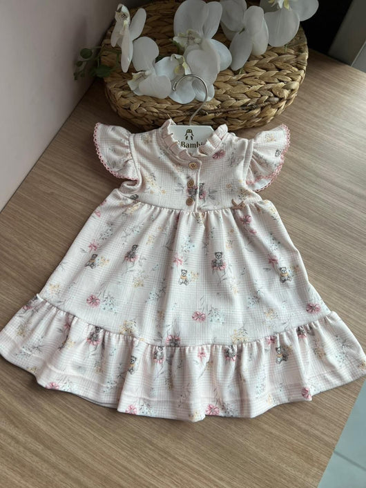 VESTIDO MANGA CURTA URSOS E FLORES MENINA KIKI