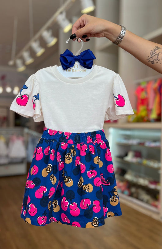 CONJUNTO BLUSA MANGA CURTA GOLA REDONDA E SAIA CEREJAS MENINA MOMI