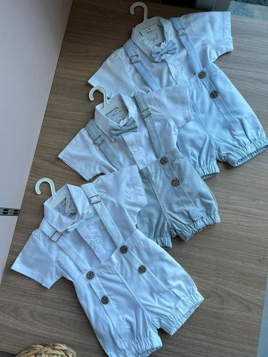 CONJUNTO BODY CAMISA MANGA CURTA BATIZADO SUSPENSORIO GRAVATA BORBOLETA E BERMUDA MENINO POLO INFANTI