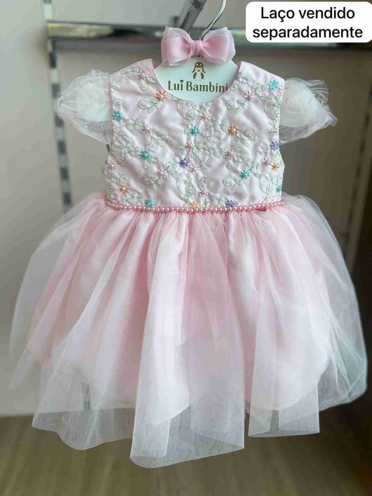 VESTIDO MANGA CURTA TULE FLORES BORBOLETA LAÇO COSTA MENINA CATTAI