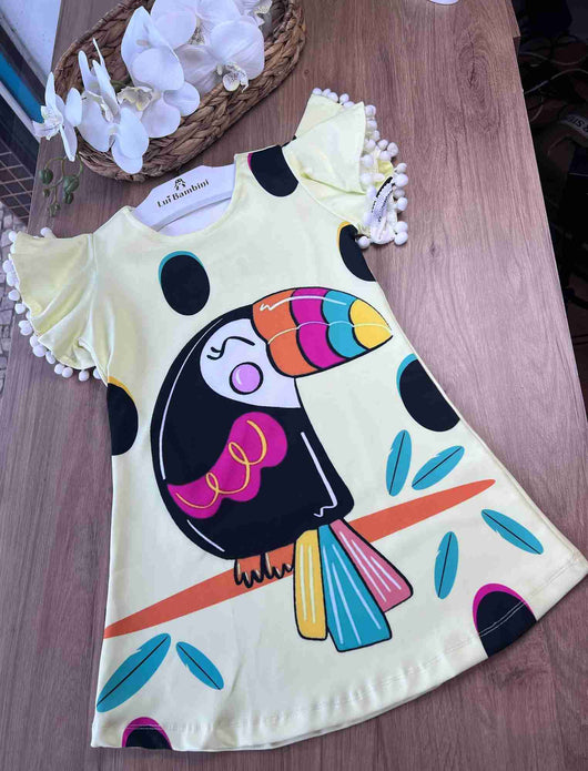 VESTIDO MANGA CURTA TUCANO POMPONS MENINA LUI BAMBINI