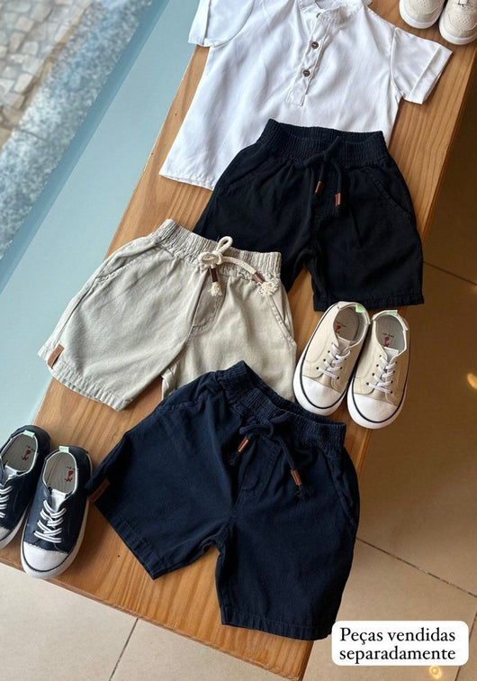 BERMUDA EM SARJA 3 BOLSOS COM CORDÃO PONTA COURO MENINO FAKINI