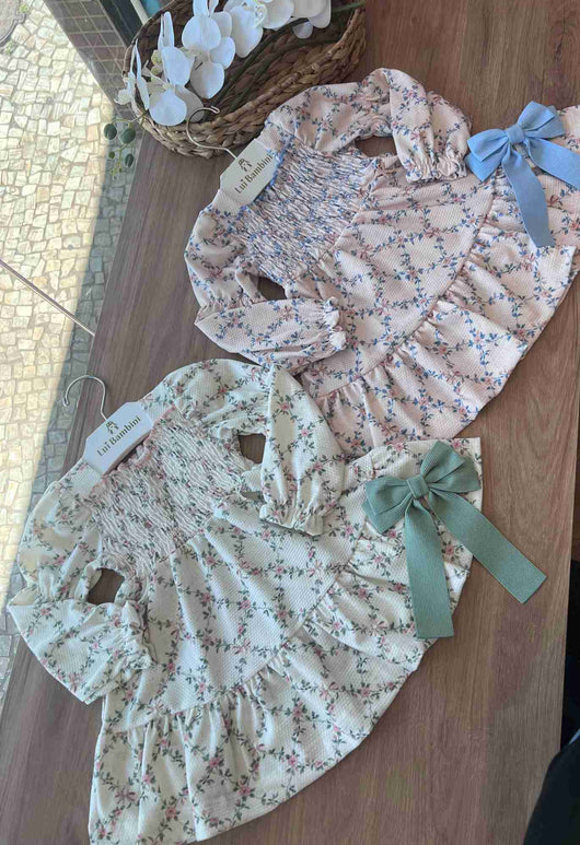 VESTIDO MANGA LONGA ELÁSTICO JARDINS FLORES MENINA KIKI