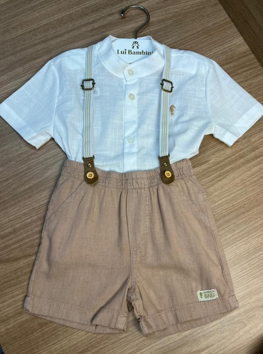 CONJUNTO CAMISA MANGA CURTA GOLA PADRE COM SUSPENSÓRIO E BERMUDA LINHO BATIZADO MENINO ONDA MARINHA