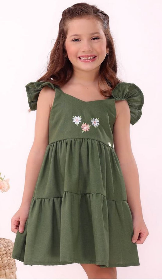 VESTIDO ALÇA BABADO TRES FLORES BORDADO COM LAÇO LINHO MENINA LUI BAMBINI