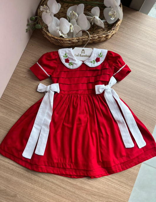 VESTIDO MANGA CURTA GOLA BORDADA FLORES LAÇO MENINA LUI BAMBINI