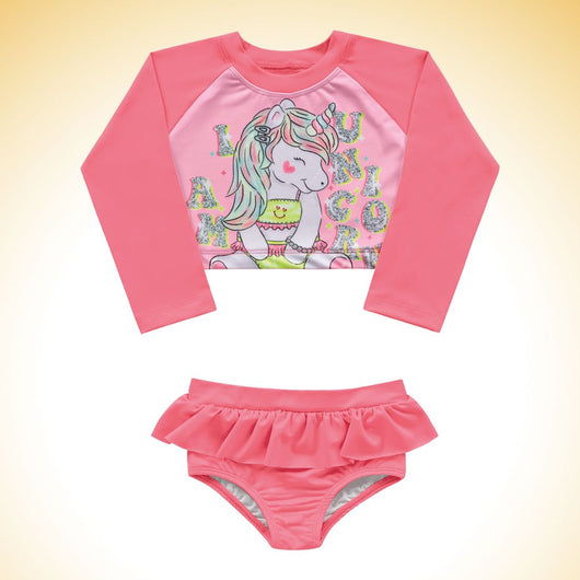 CONJUNTO BLUSA MANGA LONGA UNICÓRNIO E CALCINHA BABADO PROTEÇÃO UV50+ MENINA FAKINI