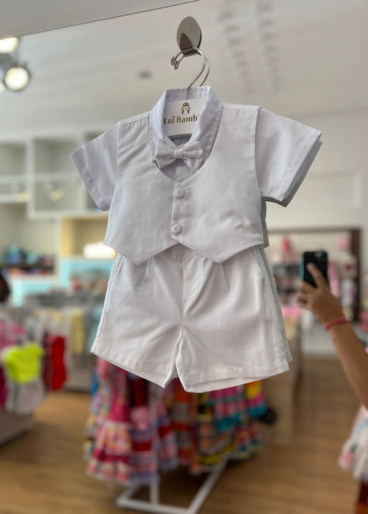 CONJUNTO BATIZADO CAMISA MANGA CURTA GRAVATA E COLETE COM BERMUDA MENINO POLO INFANTI