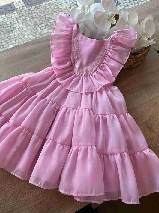 VESTIDO MANGA CURTA GOLA SOBREPOSTA BORBOLETAS BORDADAS MENINA PETIT CHERIE
