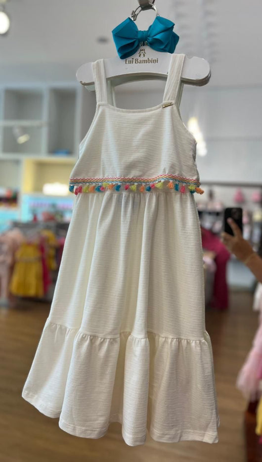 VESTIDO DE ALÇA EM MALHA FLORENCE COM SOBREPOSIÇÃO E BARBICACHOS MENINA FAKINI