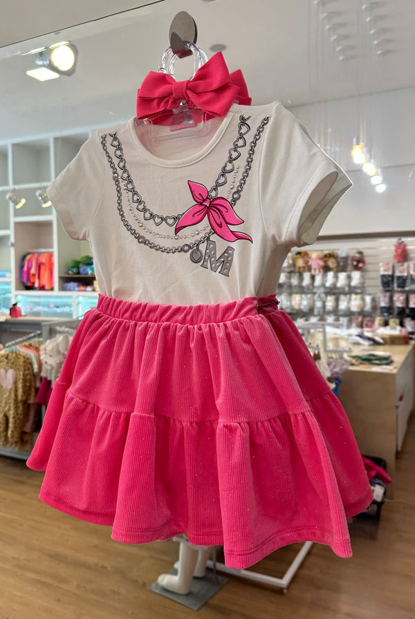 CONJUNTO BLUSA MANGA CURTA STRASS COM SAIA GLITTER CANELADA MENINA MOMI