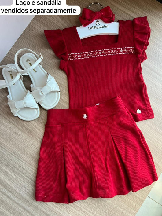 CONJUNTO BLUSA MANGA CURTA FLORES CANELADO BABADO BORDADO E SAIA SHORT NATAL MENINA ANGERÔ