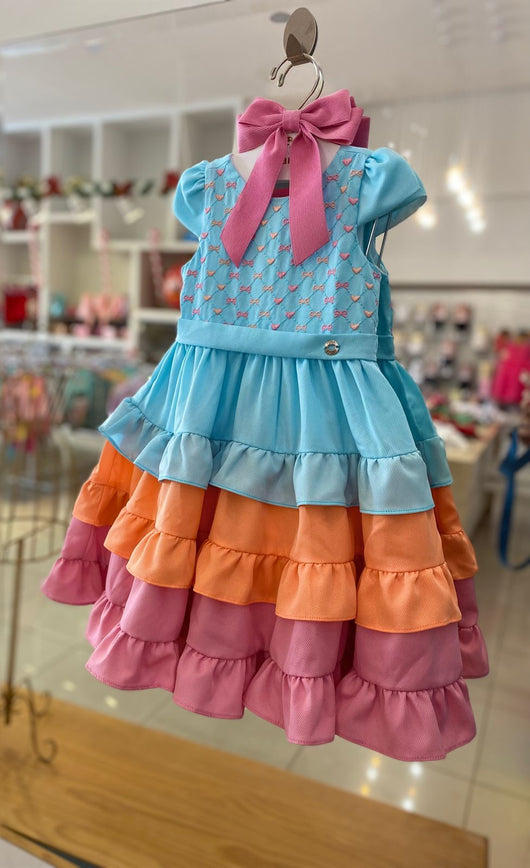 VESTIDO MANGA CURTA MARIAS QUADRICULADO LACOS E CORACOES BORDADOS MENINA PETIT CHERIE 45PRO50