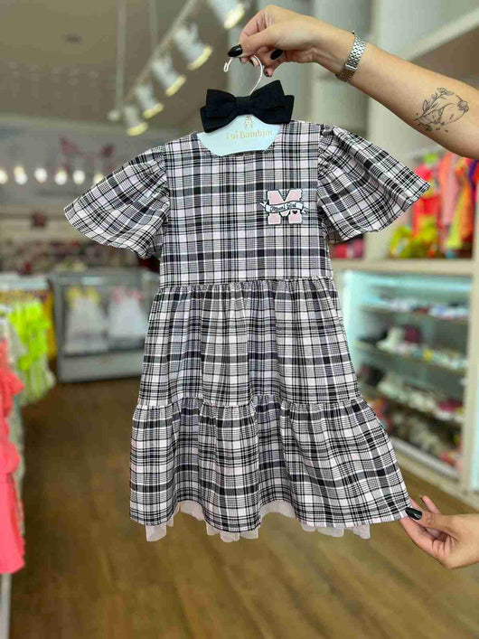 VESTIDO MANGA CURTA XADREZ ESCRITA EM RELEVO E BARRA EM TULE MENINA MOMI PRO45