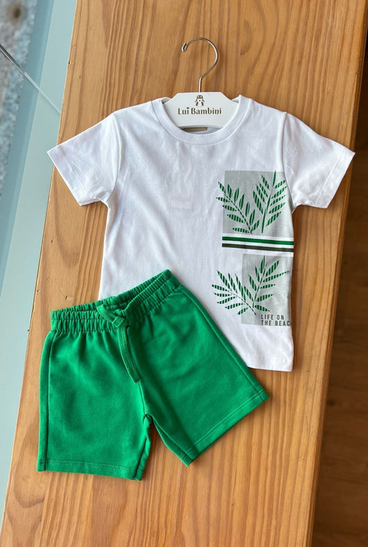 CONJUNTO CAMISETA MANGA CURTA FOLHAGEM LIFE ON THE BEACH COM BERMUDA MOLETOM E CORDÃO MENINO MILON PRO25
