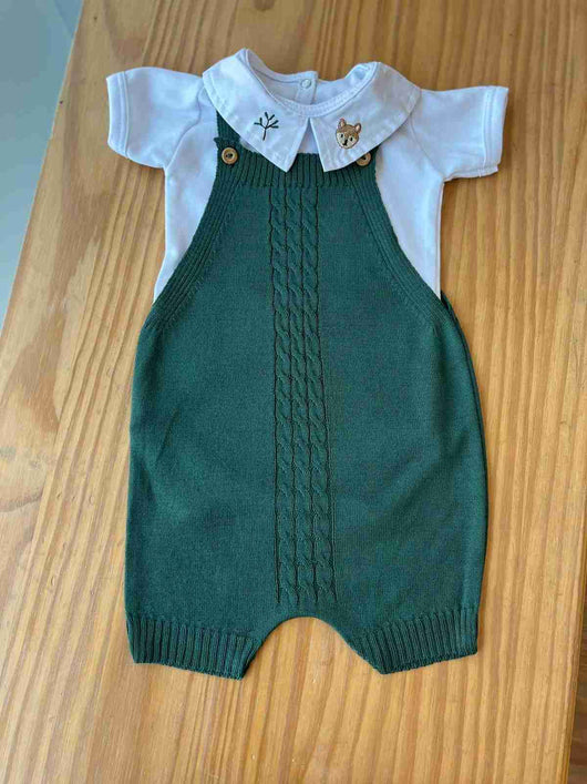CONJUNTO BODY MANGA CURTA E JARDINEIRA TRICÔ RAPOSA ÁRVORE TRANÇADOS BORDADOS MENINO LUI BAMBINI