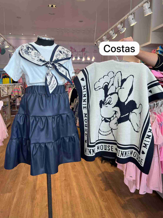 CONJUNTO MC BLUSA E PONCHO TRICOT LAÇO COM SAIA COURO MENINA ANIMÊ