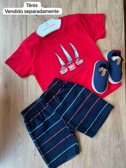 CONJUNTO INFANTIL MANGA CURTA BARCOS E BERMUDA LISTRADAS MENINO PULLA BULLA