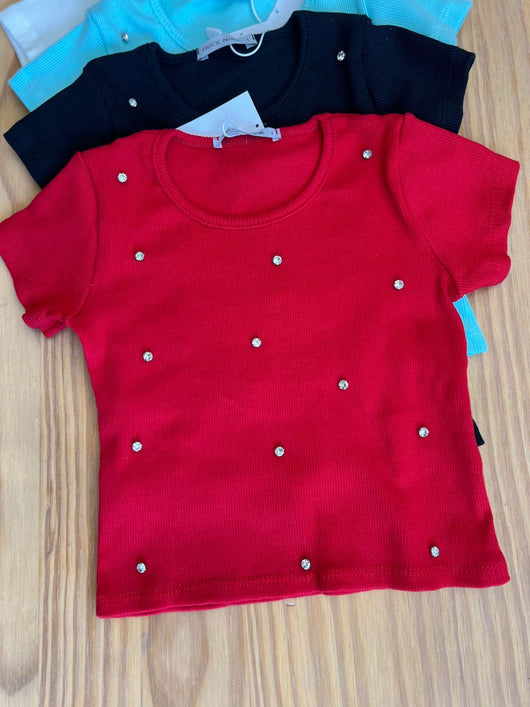 BLUSA MANGA CURTA CANELADA COM STRASS MENINA TRICK NICK