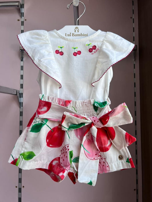 CONJUNTO BLUSA MANGA CURTA CEREJA STRASS E SHORT CEREJAS MENINA UP BABY