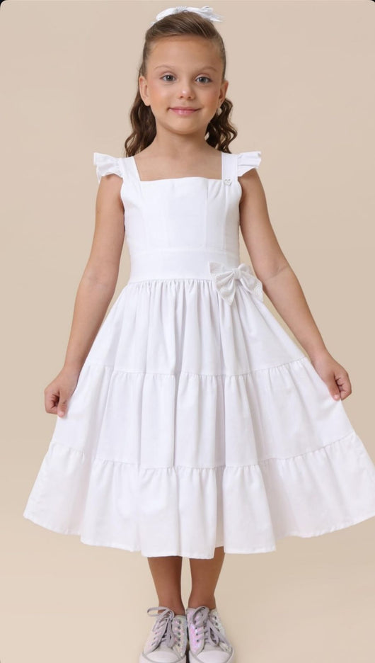 VESTIDO BATIZADO ALÇA BABADO STRASS LAÇO CAMADAS MENINA CATTAI