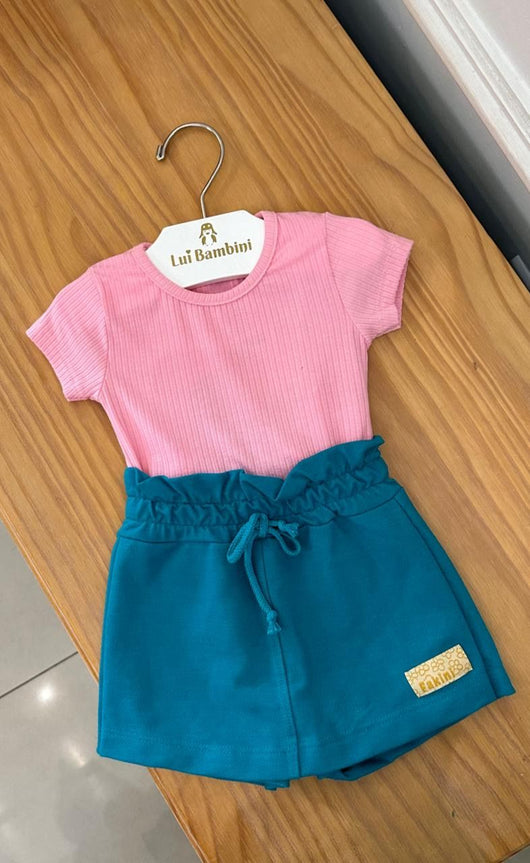 CONJUNTO BLUSA MANGA CURTA CANELADA AMARRACAO E SHORT SAIA MENINA FAKINI PRO40